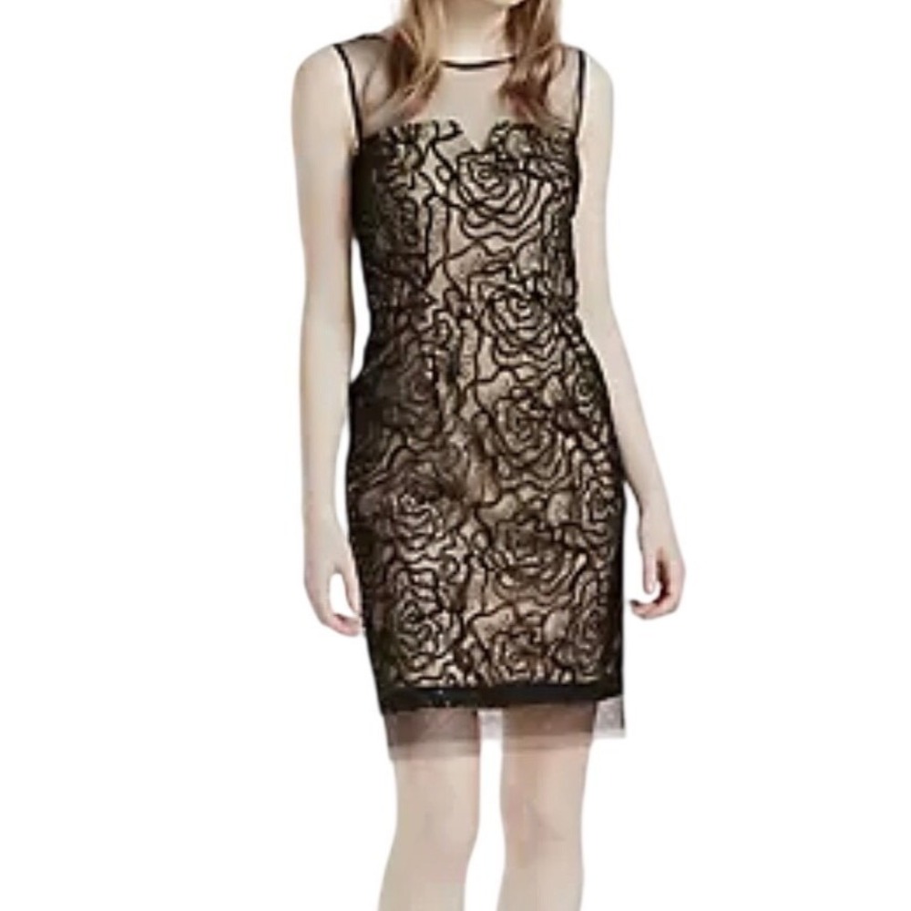 Scarlett Nite Womens Black Rose Lace Sequin Illusion Mesh Cocktail Dress Sz‎ 2